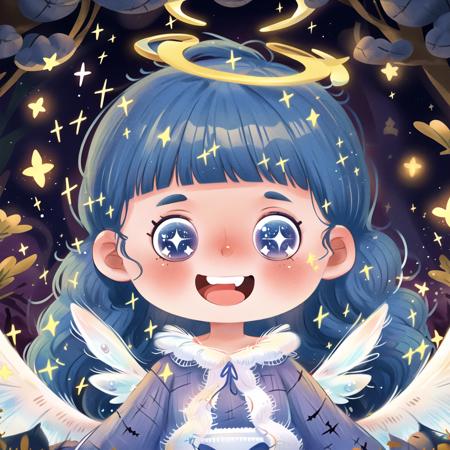 03442-2315344793-_lora_lbtx-013_0.7_,lbtx,1girl,solo,halloween,blue hair,smile,bangs,open mouth,blue eyes,long hair,wings,halo,blunt bangs,teeth,.png